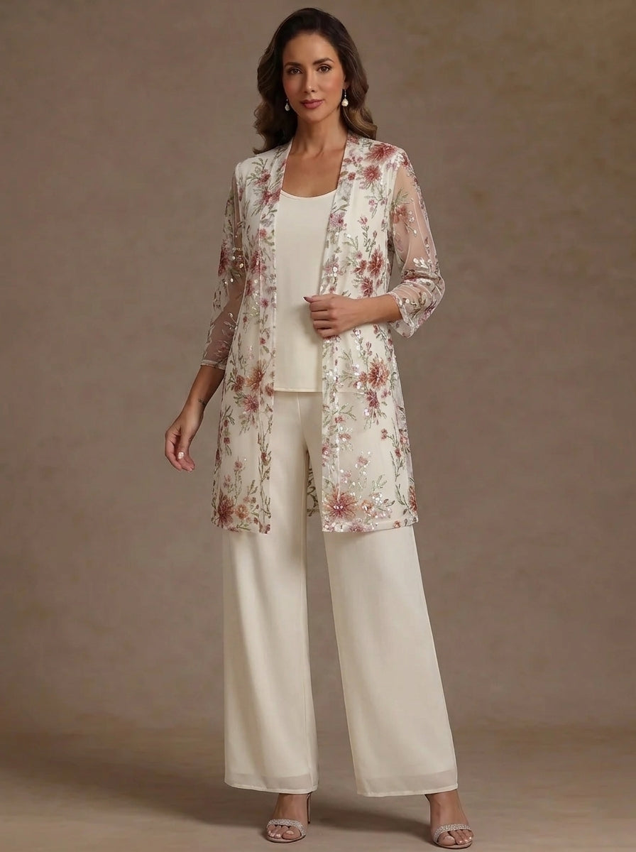 3 Pieces Suit Scoop Chiffon Mother of the Bride Pantsuits with Jacket Floral 3/4 Sleeves Ankle-Length