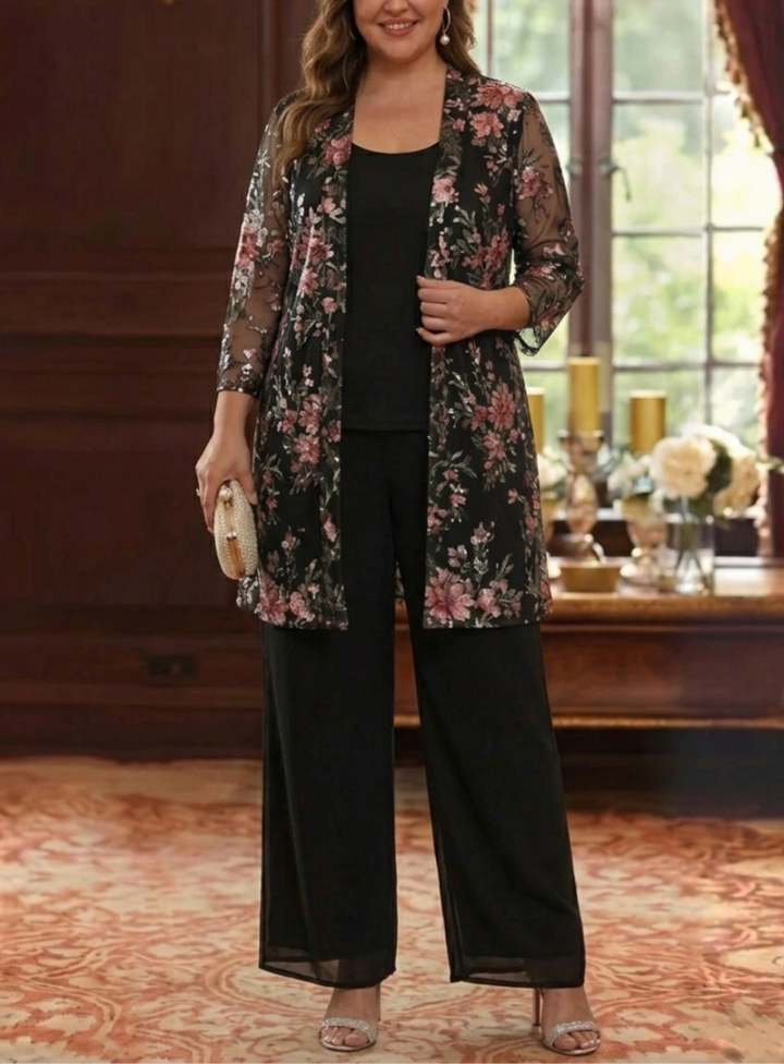 3 Pieces Suit Scoop Chiffon Plus Size Mother of the Bride Pantsuits with Jacket Floral 3/4 Sleeves Ankle-Length