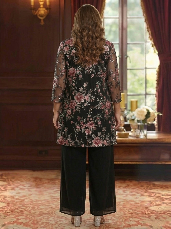 3 Pieces Suit Scoop Chiffon Plus Size Mother of the Bride Pantsuits with Jacket Floral 3/4 Sleeves Ankle-Length