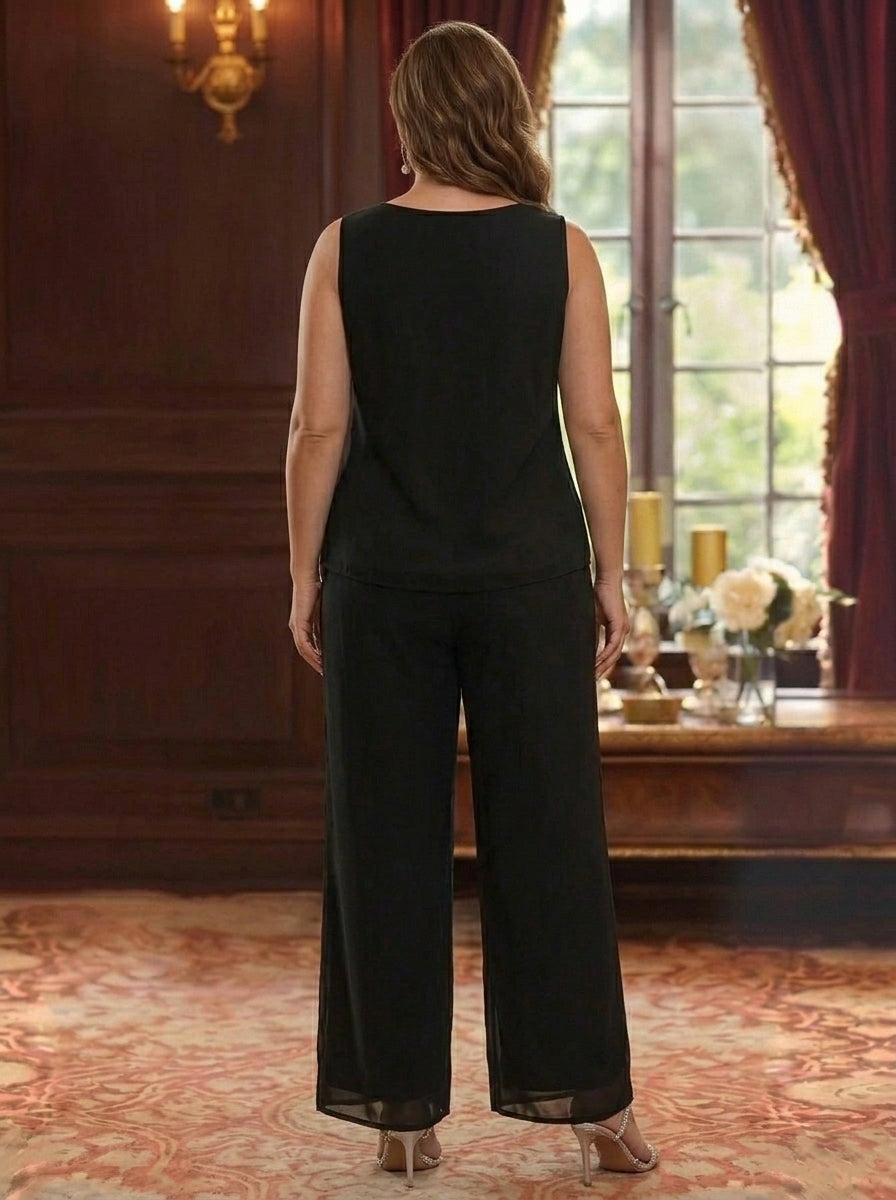 3 Pieces Suit Scoop Chiffon Plus Size Mother of the Bride Pantsuits with Jacket Floral 3/4 Sleeves Ankle-Length