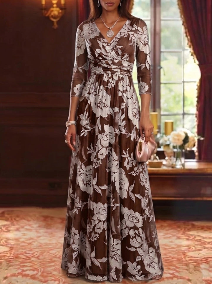A-Line/Princess V-Neck Burnout Mother of the Bride Dresses Floral 3/4 Sleeves Floor-Length