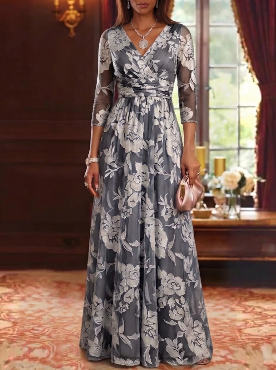 A-Line/Princess V-Neck Burnout Mother of the Bride Dresses Floral 3/4 Sleeves Floor-Length