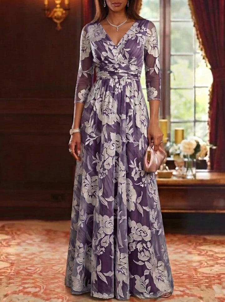 A-Line/Princess V-Neck Burnout Mother of the Bride Dresses Floral 3/4 Sleeves Floor-Length