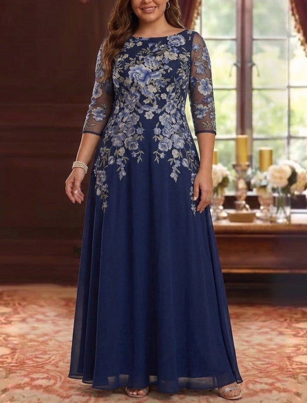 A-Line/Princess Scoop Chiffon Plus Size Mother of the Bride Dresses Lace Floral 3/4 Sleeves Floor-Length