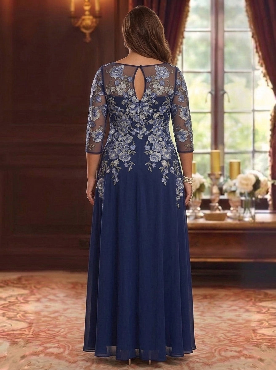 A-Line/Princess Scoop Chiffon Plus Size Mother of the Bride Dresses Lace Floral 3/4 Sleeves Floor-Length