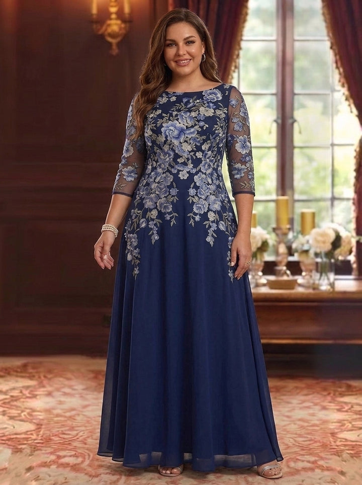 A-Line/Princess Scoop Chiffon Plus Size Mother of the Bride Dresses Lace Floral 3/4 Sleeves Floor-Length