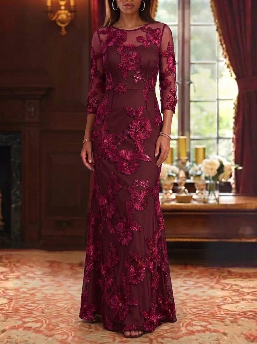 Sheath/Column Scoop Lace Embroidery Mother of the Bride Dresses 3/4 Sleeves Floral Floor-Length