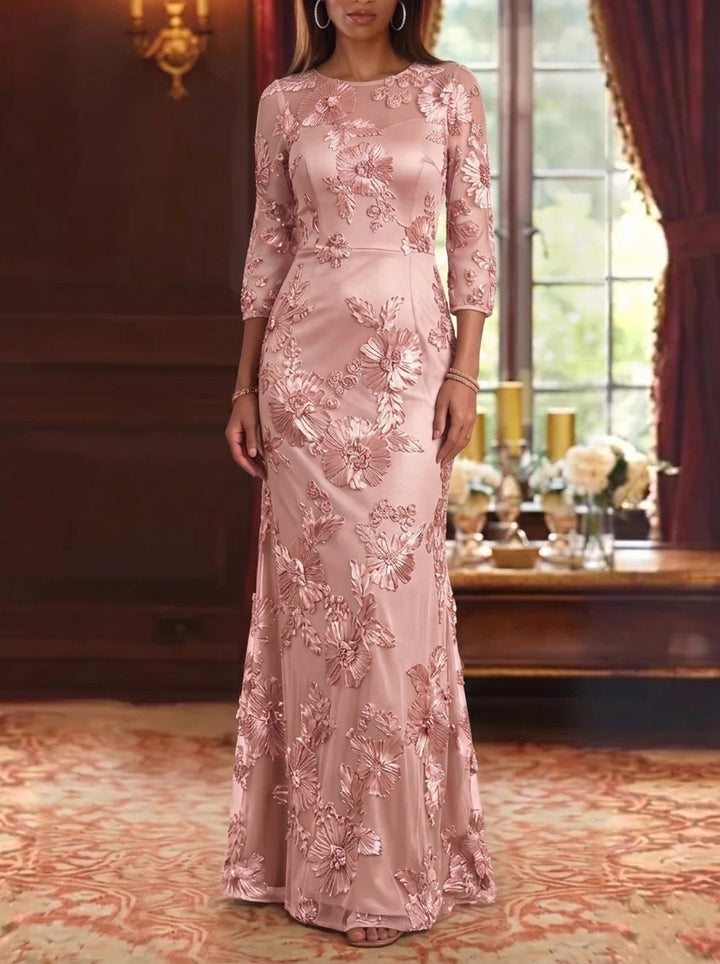 Sheath/Column Scoop Lace Embroidery Mother of the Bride Dresses 3/4 Sleeves Floral Floor-Length