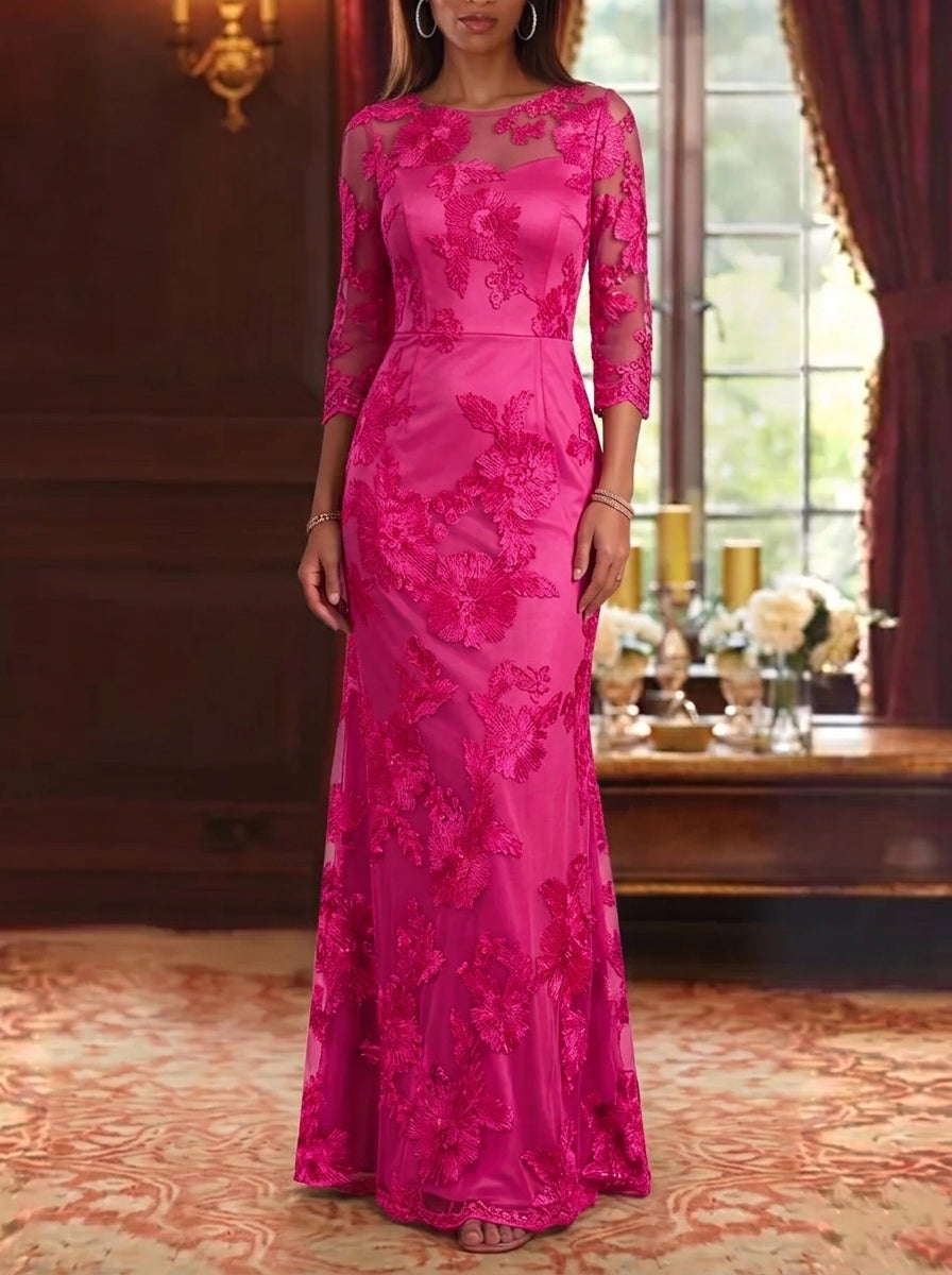 Sheath/Column Scoop Lace Embroidery Mother of the Bride Dresses 3/4 Sleeves Floral Floor-Length