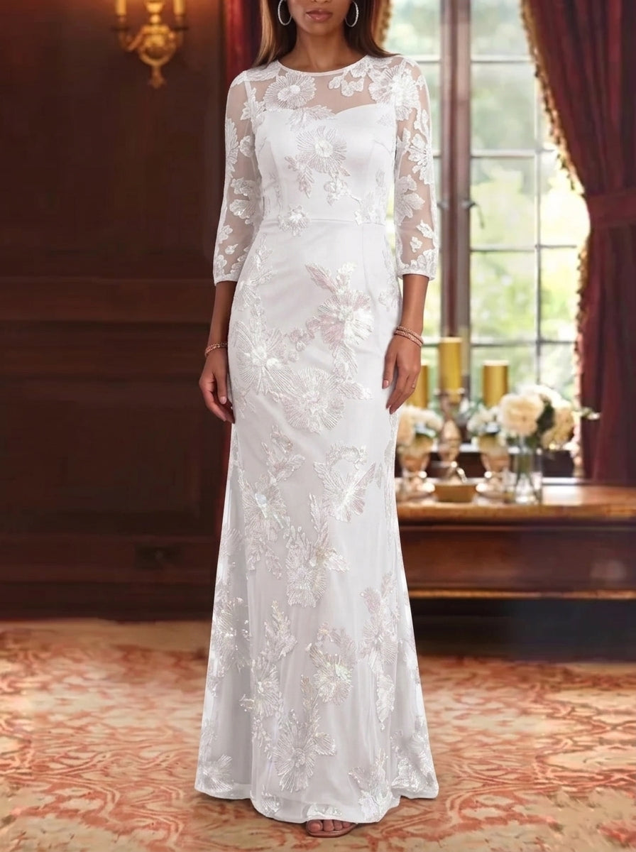 Sheath/Column Scoop Lace Embroidery Mother of the Bride Dresses 3/4 Sleeves Floral Floor-Length