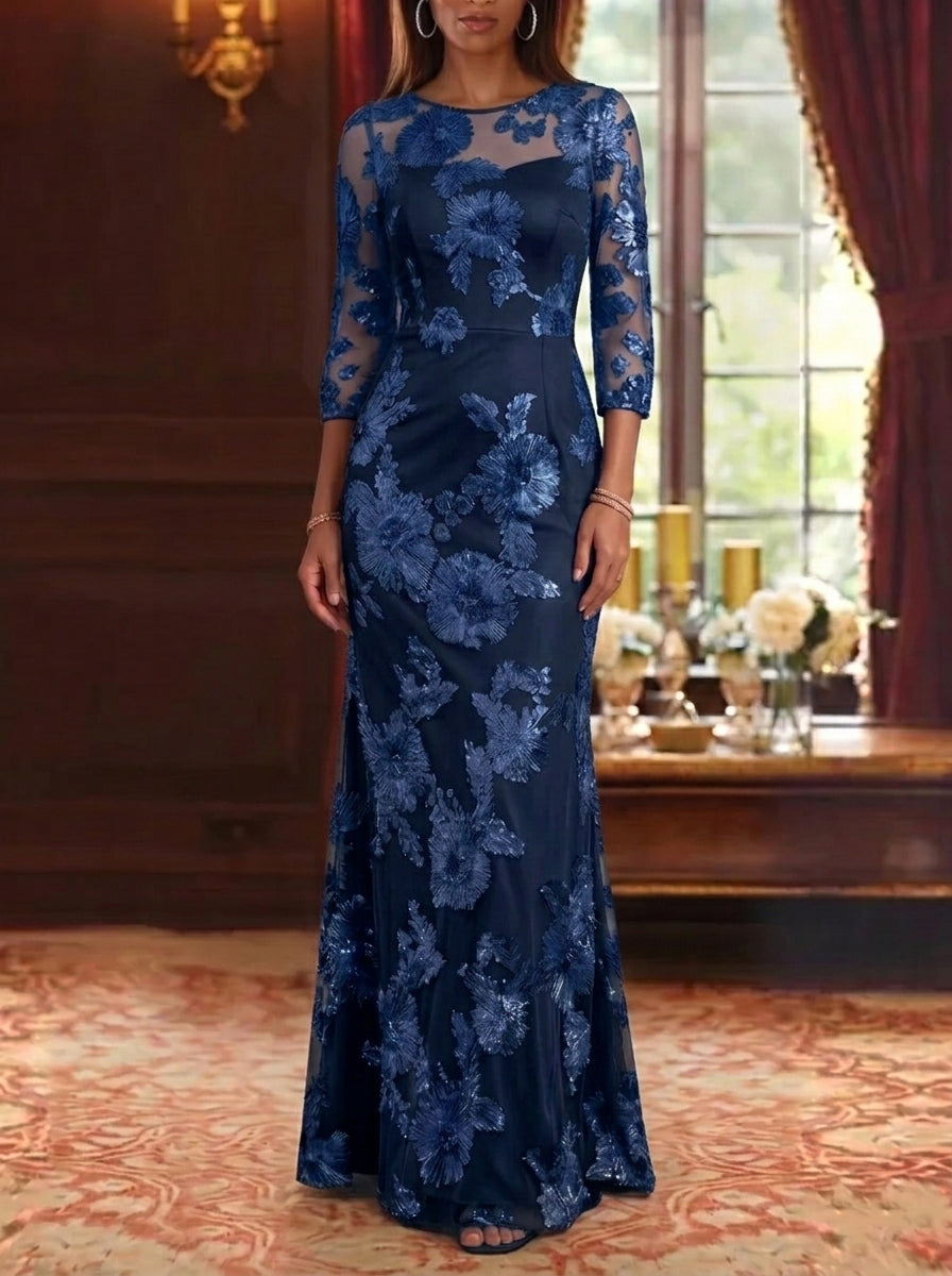 Sheath/Column Scoop Lace Embroidery Mother of the Bride Dresses 3/4 Sleeves Floral Floor-Length
