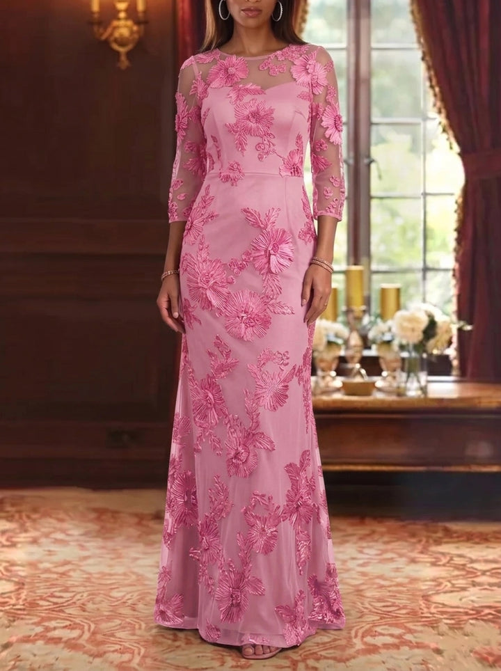 Sheath/Column Scoop Lace Embroidery Mother of the Bride Dresses 3/4 Sleeves Floral Floor-Length