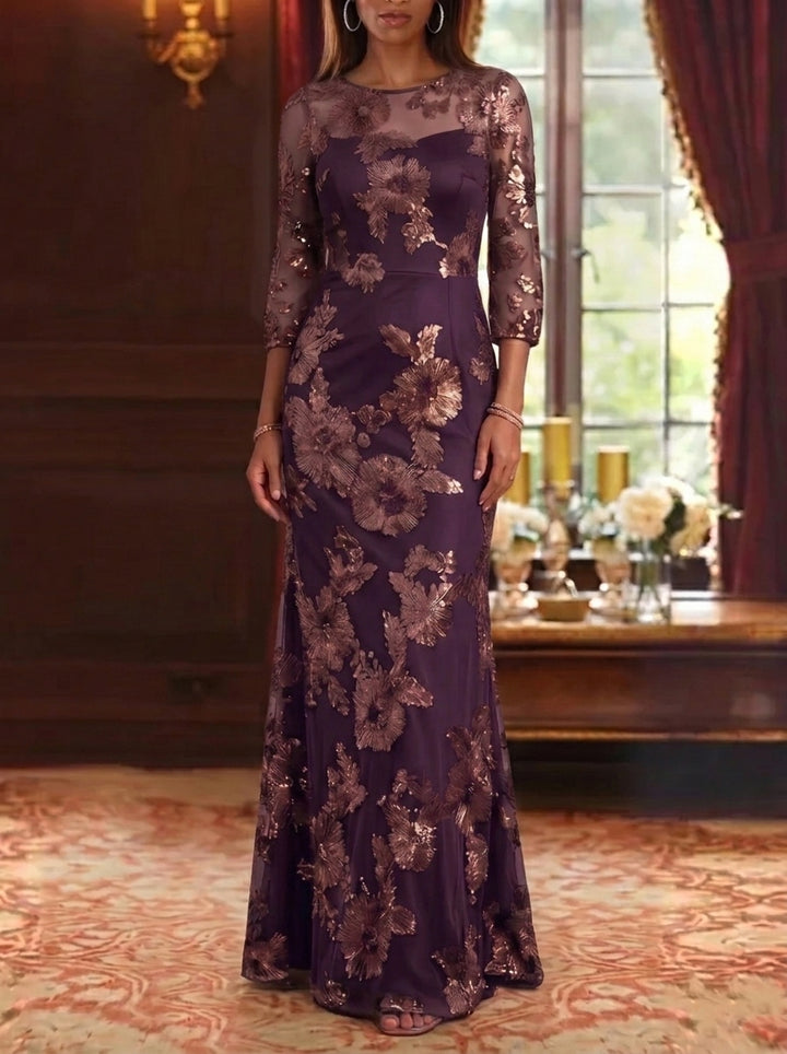 Sheath/Column Scoop Lace Embroidery Mother of the Bride Dresses 3/4 Sleeves Floral Floor-Length