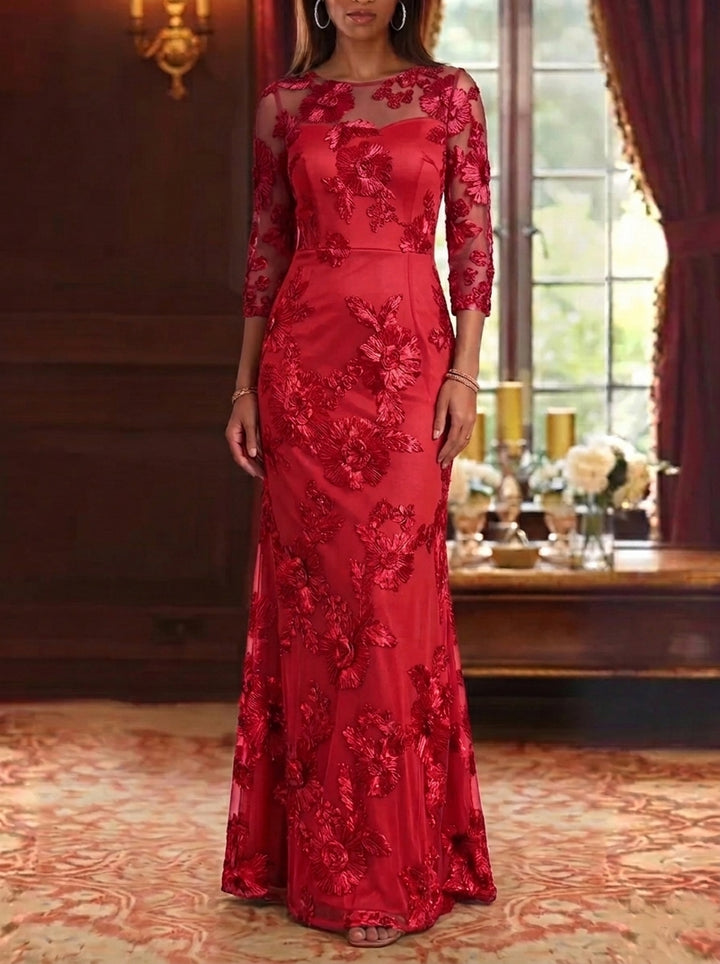 Sheath/Column Scoop Lace Embroidery Mother of the Bride Dresses 3/4 Sleeves Floral Floor-Length
