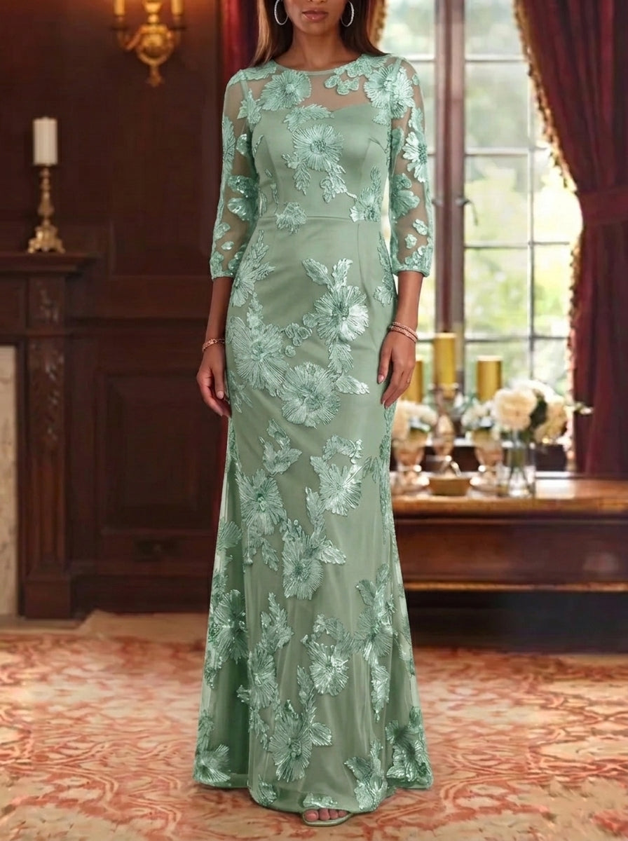 Sheath/Column Scoop Lace Embroidery Mother of the Bride Dresses 3/4 Sleeves Floral Floor-Length