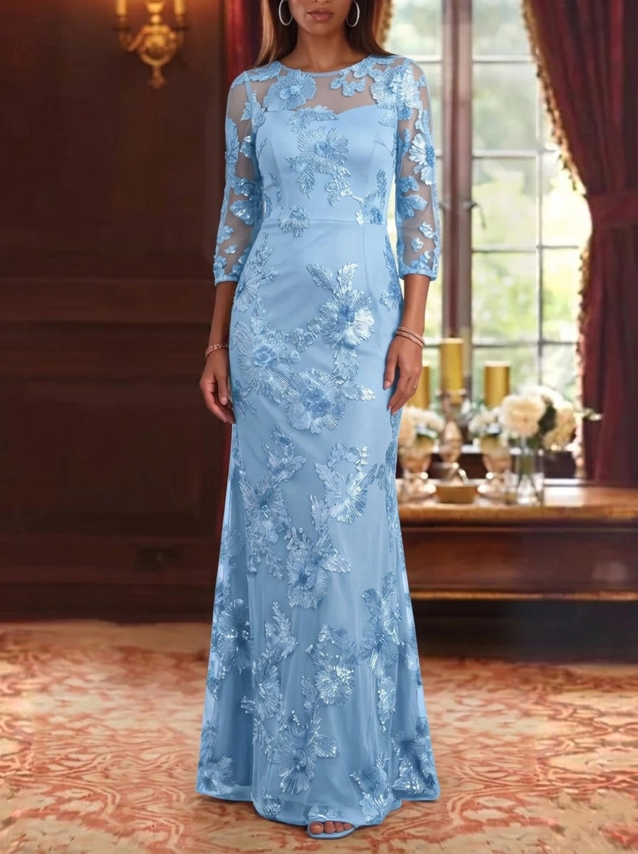 Sheath/Column Scoop Lace Embroidery Mother of the Bride Dresses 3/4 Sleeves Floral Floor-Length