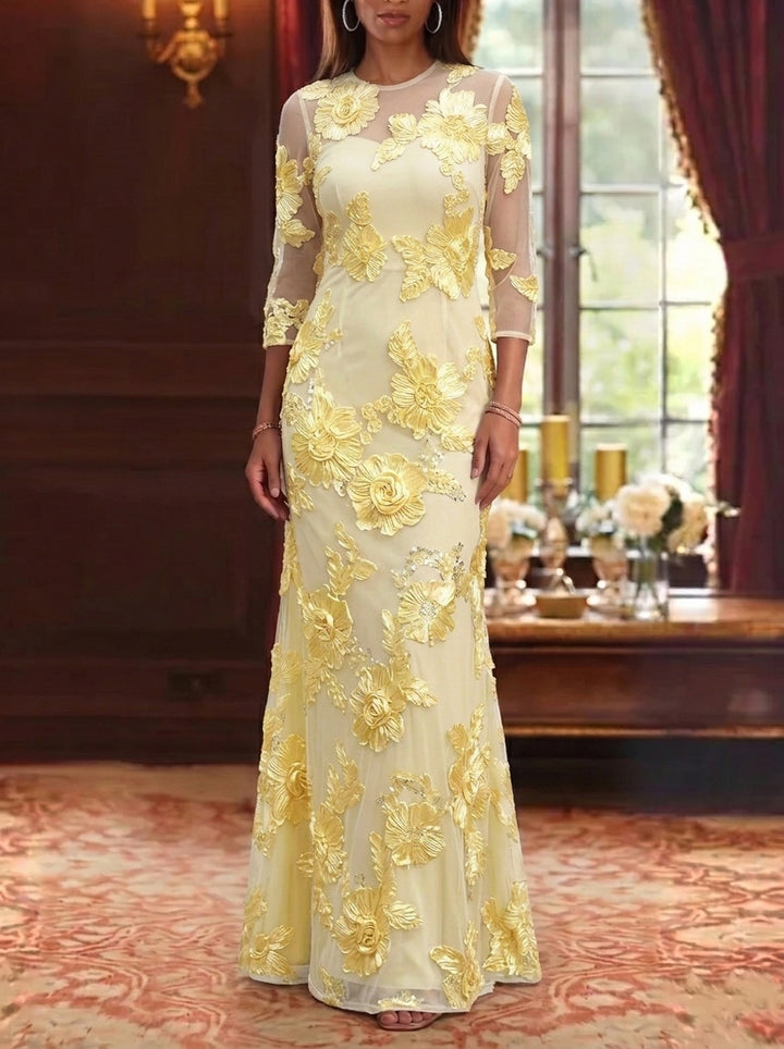Sheath/Column Scoop Lace Embroidery Mother of the Bride Dresses 3/4 Sleeves Floral Floor-Length