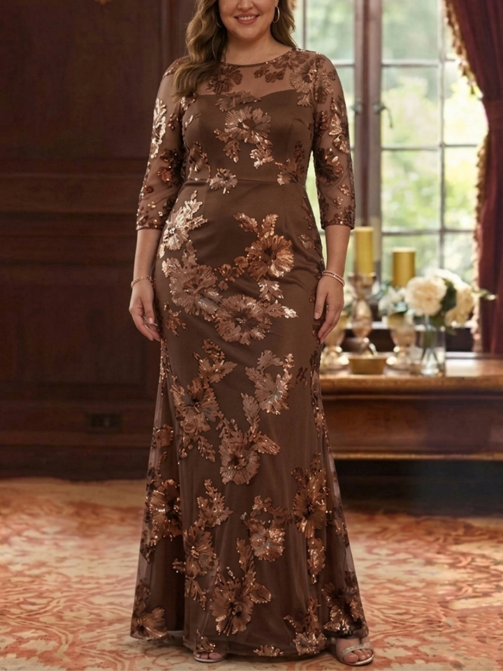 Sheath/Column Scoop Lace Embroidery Plus Size Mother of the Bride Dresses 3/4 Sleeves Floral Floor-Length