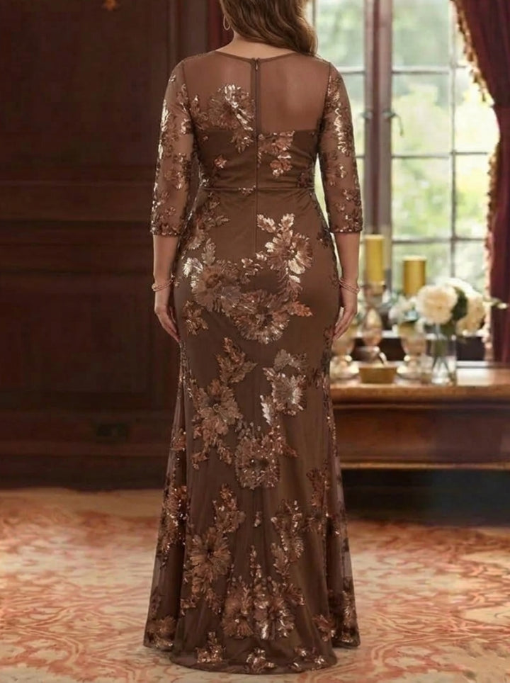 Sheath/Column Scoop Lace Embroidery Plus Size Mother of the Bride Dresses 3/4 Sleeves Floral Floor-Length