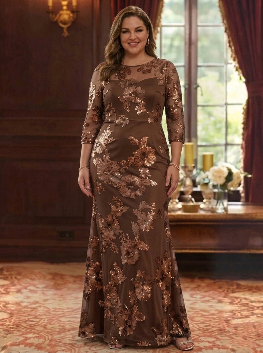 Sheath/Column Scoop Lace Embroidery Plus Size Mother of the Bride Dresses 3/4 Sleeves Floral Floor-Length