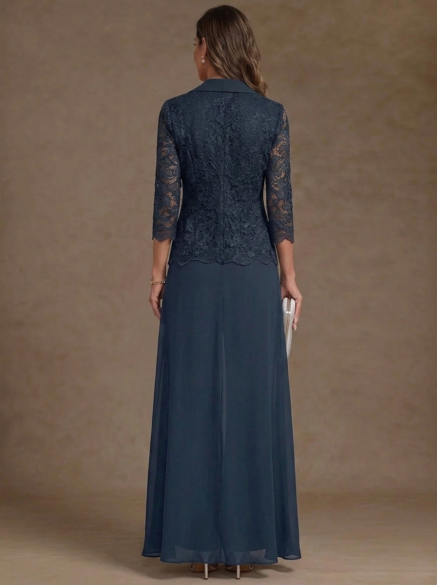 3 Pieces Suit Scoop Chiffon Mother of the Bride Pantsuits with Jacket Overskirt Lace Ankle-Length 3/4 Sleeves