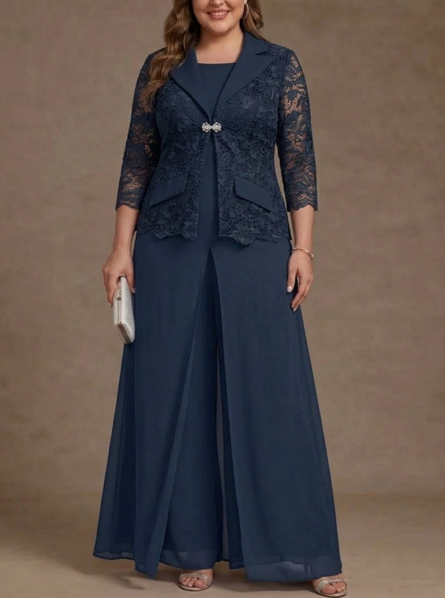 3 Pieces Suit Scoop Chiffon Plus Size Mother of the Bride Pantsuits with Jacket Overskirt Lace Ankle-Length 3/4 Sleeves