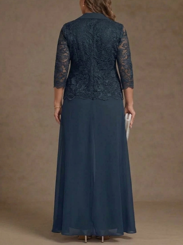 3 Pieces Suit Scoop Chiffon Plus Size Mother of the Bride Pantsuits with Jacket Overskirt Lace Ankle-Length 3/4 Sleeves