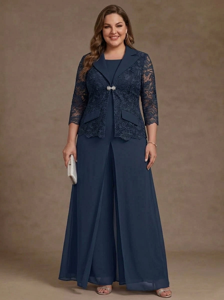 3 Pieces Suit Scoop Chiffon Plus Size Mother of the Bride Pantsuits with Jacket Overskirt Lace Ankle-Length 3/4 Sleeves