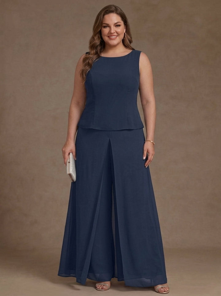 3 Pieces Suit Scoop Chiffon Plus Size Mother of the Bride Pantsuits with Jacket Overskirt Lace Ankle-Length 3/4 Sleeves