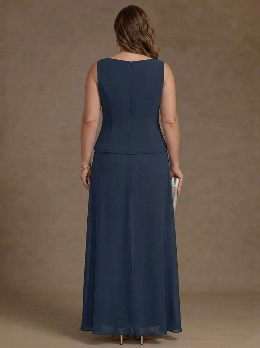 3 Pieces Suit Scoop Chiffon Plus Size Mother of the Bride Pantsuits with Jacket Overskirt Lace Ankle-Length 3/4 Sleeves