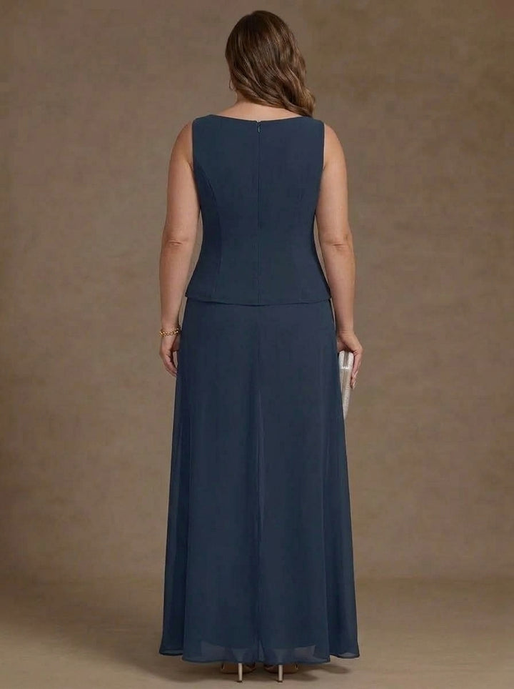 3 Pieces Suit Scoop Chiffon Plus Size Mother of the Bride Pantsuits with Jacket Overskirt Lace Ankle-Length 3/4 Sleeves