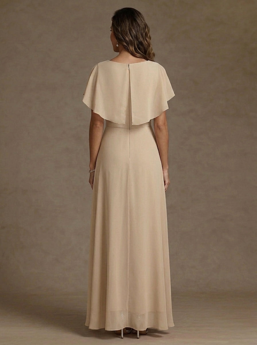 A-Line/Princess Scoop Chiffon Mother of the Bride Dresses Asymmetrical Floor-Length Cape Sleeves Lace Floral