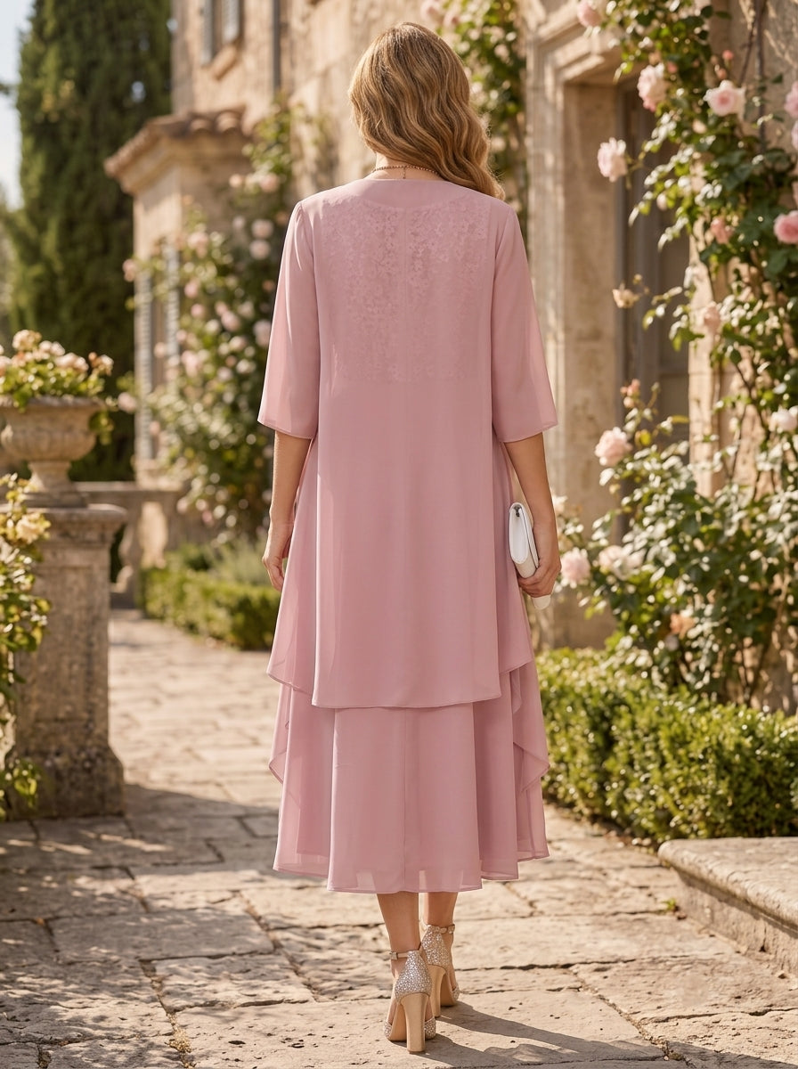 A-Line/Princess Scoop Mother of the Bride Dresses with Jacket Chiffon Tea-Length Ruffles Half Sleeves Lace Floral