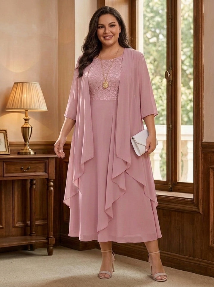 A-Line/Princess Scoop Plus Size Mother of the Bride Dresses with Jacket Chiffon Tea-Length Ruffles Half Sleeves Lace Floral