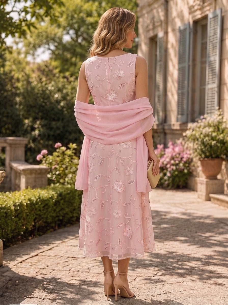 A-Line/Princess Scoop Chiffon Mother of the Bride Dresses with Wrap Tea-Length Sleeveless Lace Sequins