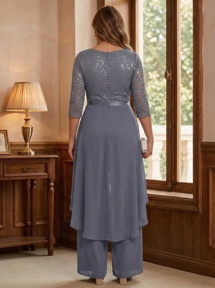 Chiffon Scoop Plus Size Mother of the Bride Jumpsuits with Overskirt Ankle-Length Ruffles 3/4 Sleeves Lace Floral