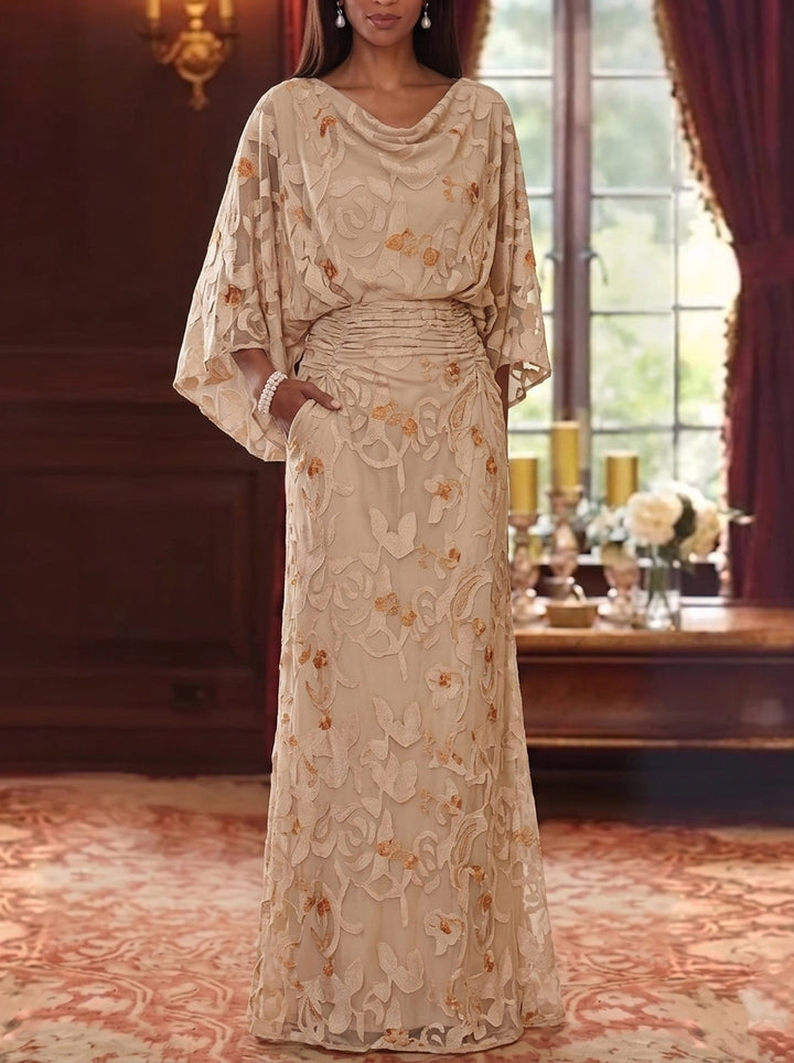Sheath/Column Cowl Neck Chiffon Lace Mother of the Bride Dresses Floral Floor-Length 3/4 Sleeves