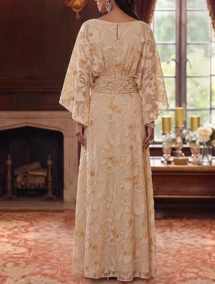 Sheath/Column Cowl Neck Chiffon Lace Mother of the Bride Dresses Floral Floor-Length 3/4 Sleeves