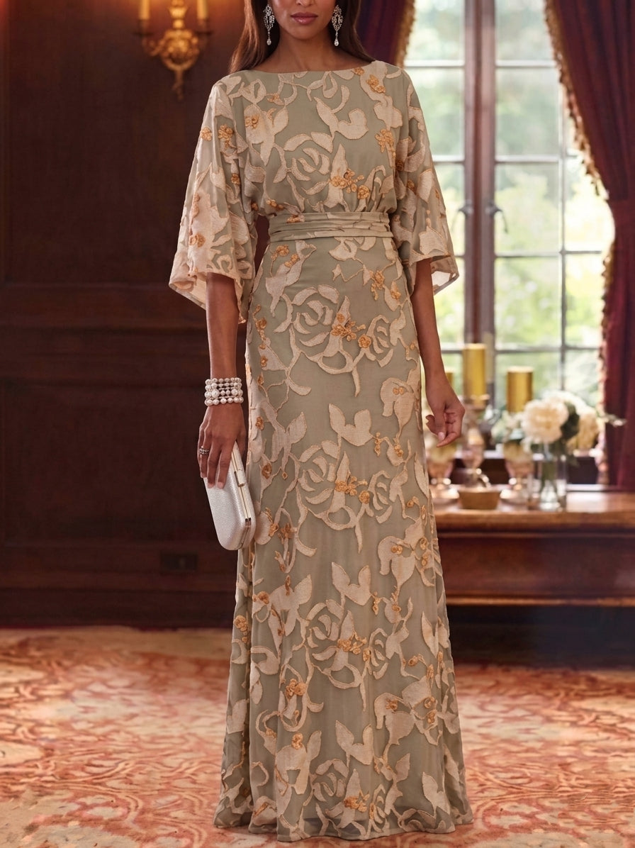 Sheath/Column Scoop Chiffon Lace Mother of the Bride Dresses Floral Floor-Length 3/4 Sleeves