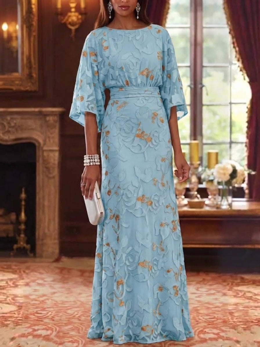 Sheath/Column Scoop Chiffon Lace Mother of the Bride Dresses Floral Floor-Length 3/4 Sleeves