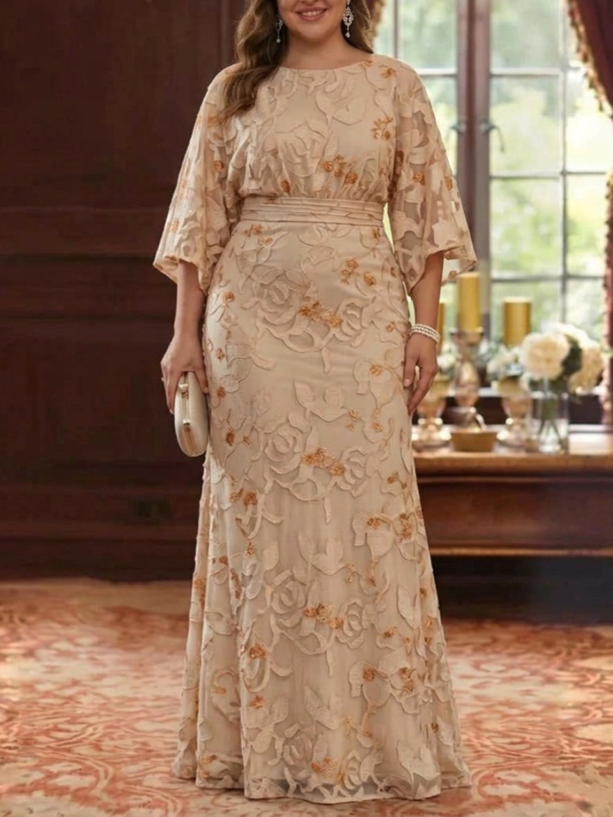 Sheath/Column Scoop Chiffon Lace Plus Size Mother of the Bride Dresses Floral Floor-Length 3/4 Sleeves