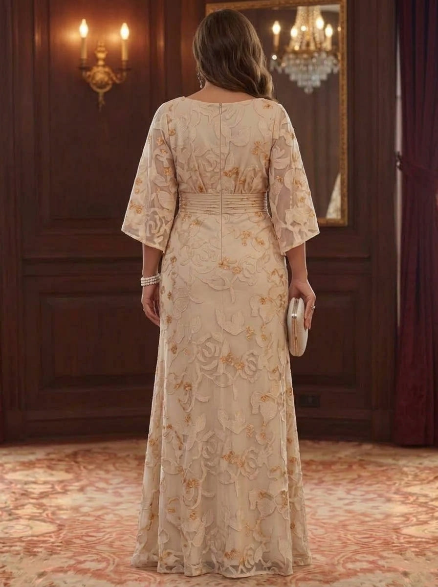 Sheath/Column Scoop Chiffon Lace Plus Size Mother of the Bride Dresses Floral Floor-Length 3/4 Sleeves