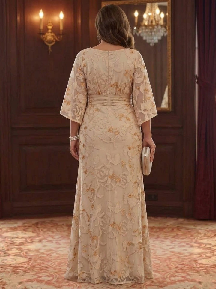 Sheath/Column Scoop Chiffon Lace Plus Size Mother of the Bride Dresses Floral Floor-Length 3/4 Sleeves