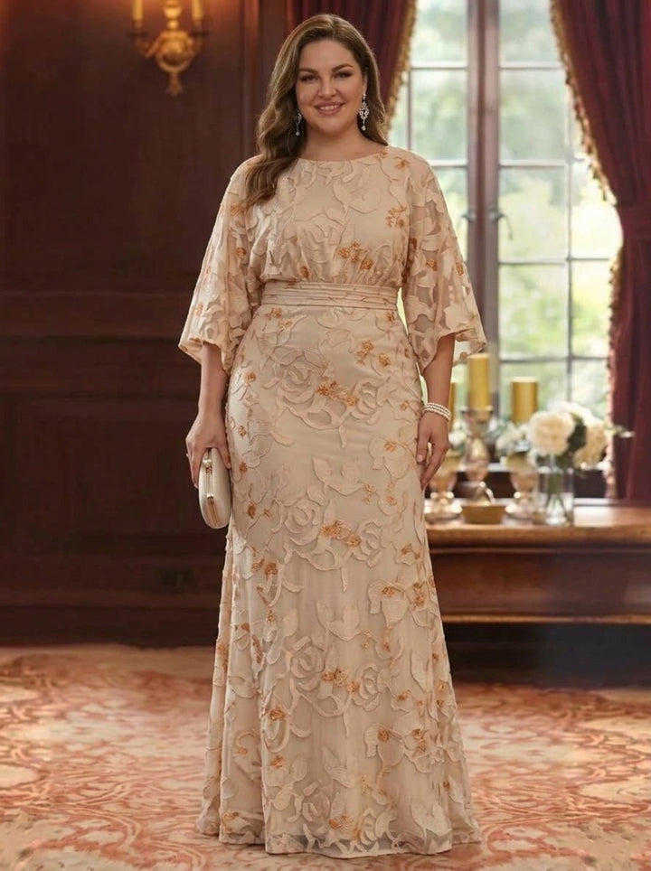 Sheath/Column Scoop Chiffon Lace Plus Size Mother of the Bride Dresses Floral Floor-Length 3/4 Sleeves