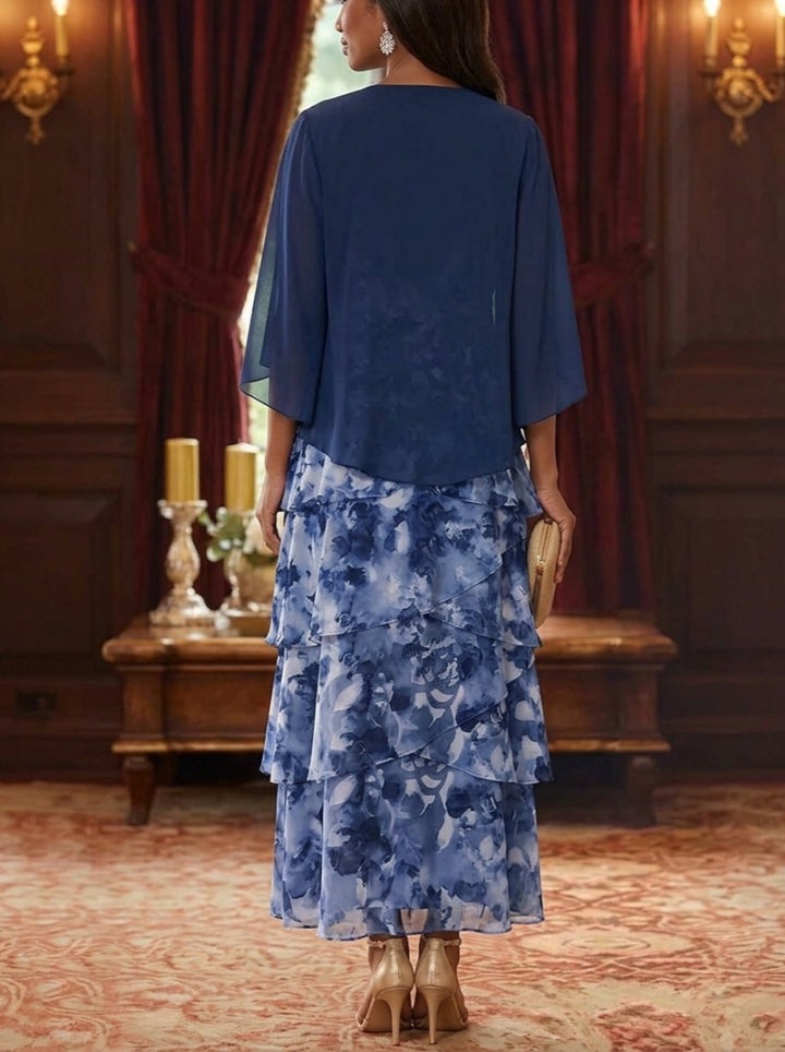 A-Line/Princess Scoop Chiffon Mother of the Bride Dresses with Jacket Floral Ankle-Length 3/4 Sleeves
