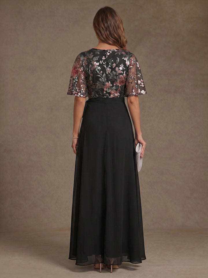 A-Line/Princess V-Neck Chiffon Mother of the Bride Dresses with Split Side Floral Short Sleeves Floor-Length
