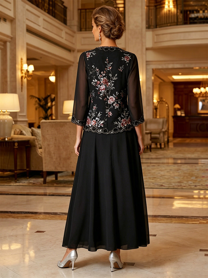 A-Line/Princess Scoop Chiffon Mother of the Bride Dresses with Jacket Floral 3/4 Sleeves Ankle-Length