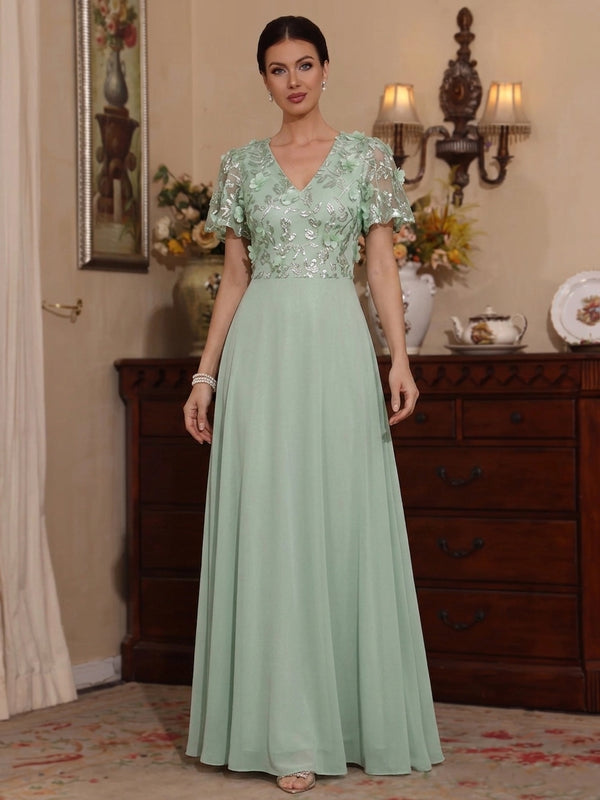 A-Line/Princess V-Neck Chiffon Mother of the Bride Dresses with 3D Flowers Short Sleeves Floor-Length Lace Floral