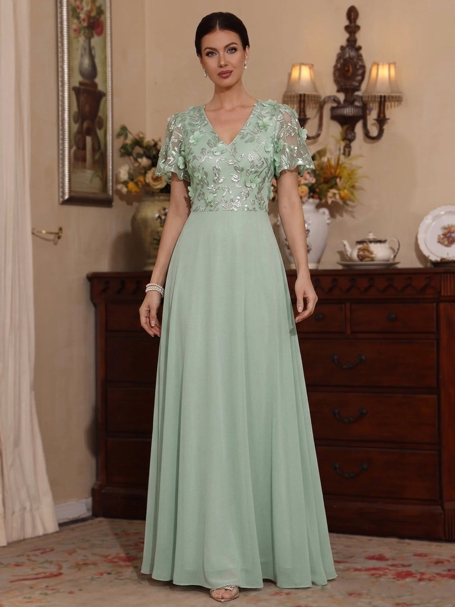 A-Line/Princess V-Neck Chiffon Mother of the Bride Dresses with 3D Flo