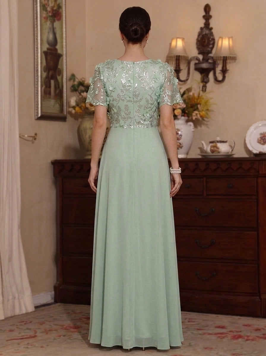 A-Line/Princess V-Neck Chiffon Mother of the Bride Dresses with 3D Flowers Short Sleeves Floor-Length Lace Floral
